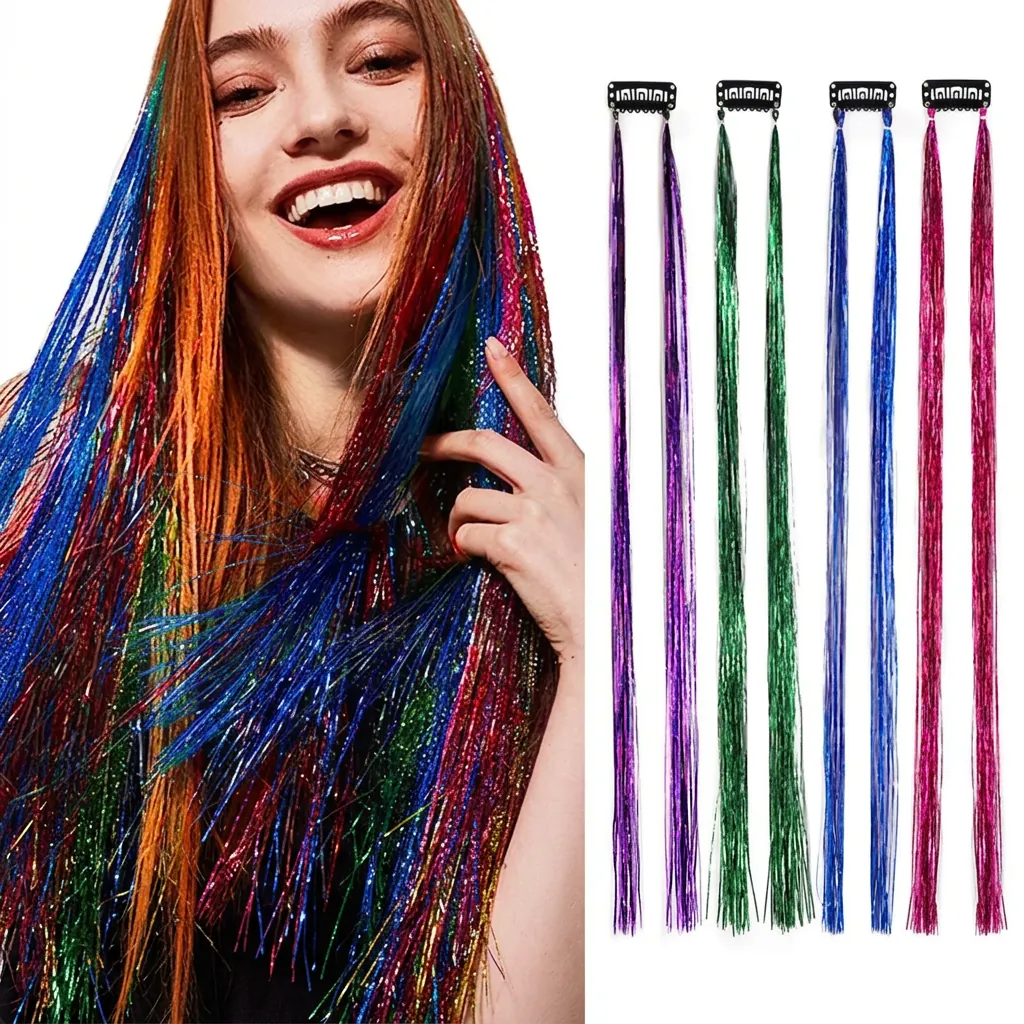 Clip In Hair Tinsel Extensions Holographic Glitter Shiny Metallic PET Fiber For Party Festival Hair Decor Women Girls