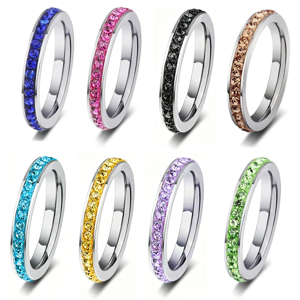Stainless Steel Eternity Ring Colorful Rhinestone Inlaid Minimalist Slim Stackable Band Jewelry For Women