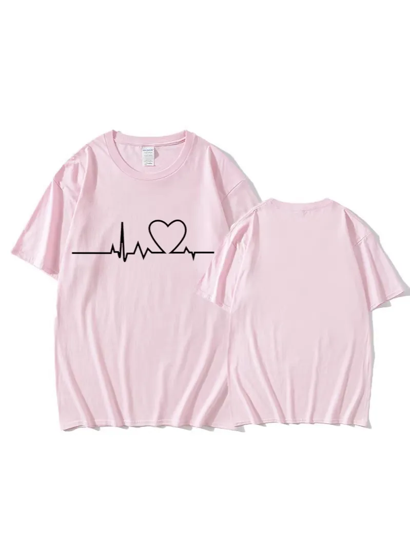 Unisex Casual Cotton T-Shirt Simple Heart Line EKG Graphic Print Crew Neck Short Sleeve Summer Fashion Graphic Tee Top