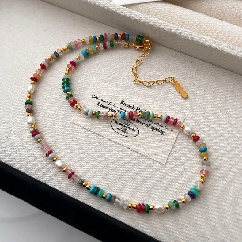 Dopamine Rainbow Natural Stone Freshwater Pearl Necklace Bracelet For Women Gold Plated Beaded Choker Jewelry