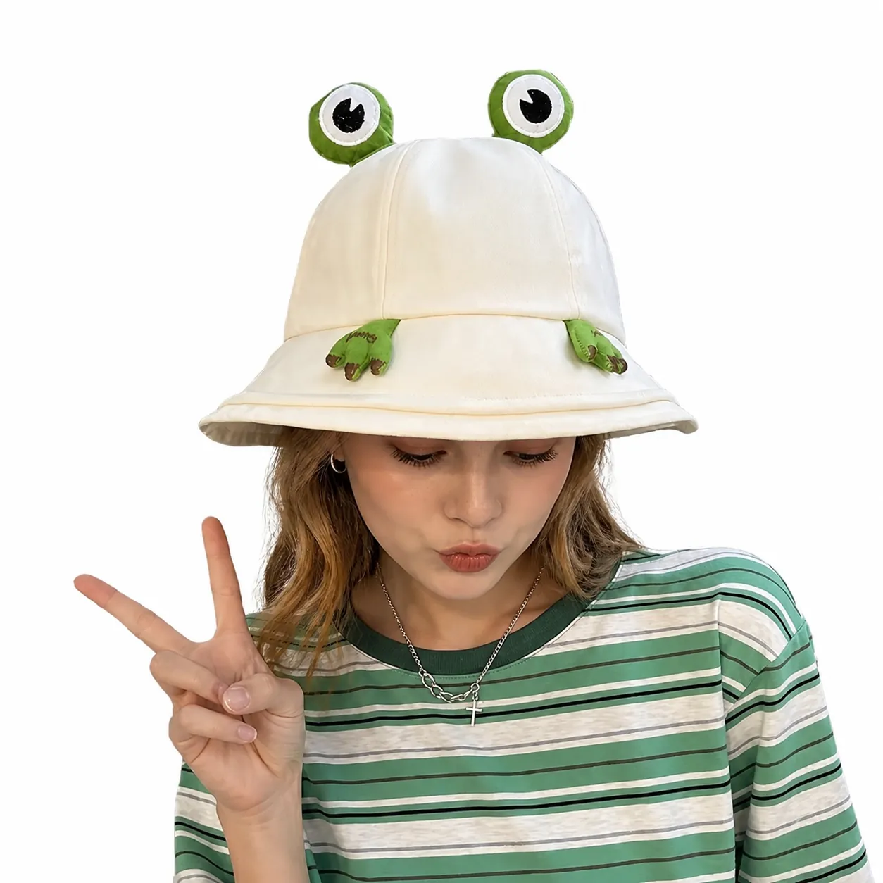 Funny Frog Bucket Hat Stereo Eyes Cute Foldable Polyester Sun Protection Fisherman Hat For Women Outdoor Travel Beach Cap