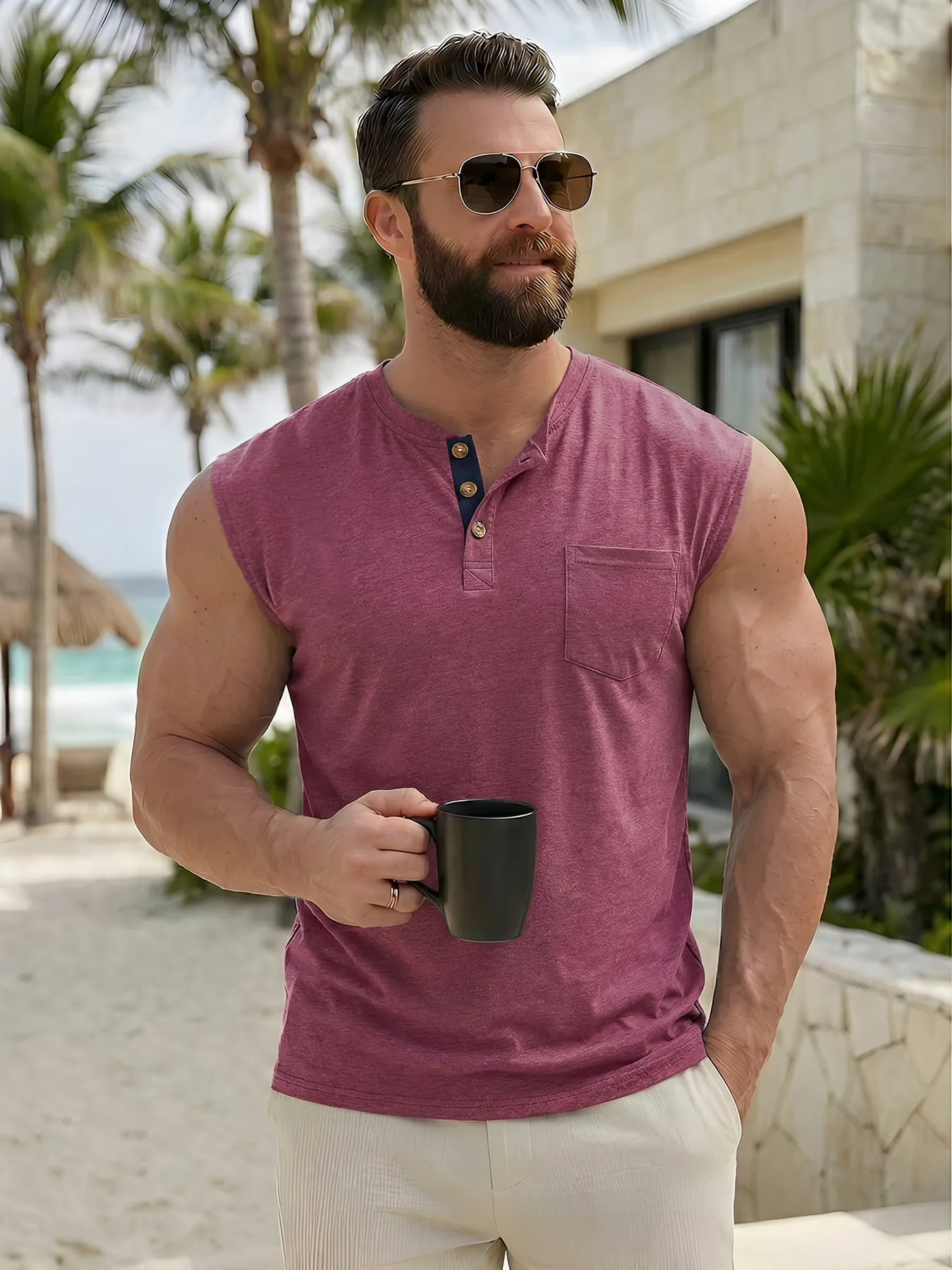 Men Summer Henley Sleeveless T-Shirt Casual Slim Fit Pocket Tank Top Button Round Neck Muscle Tee Polyester Rayon Knit Top