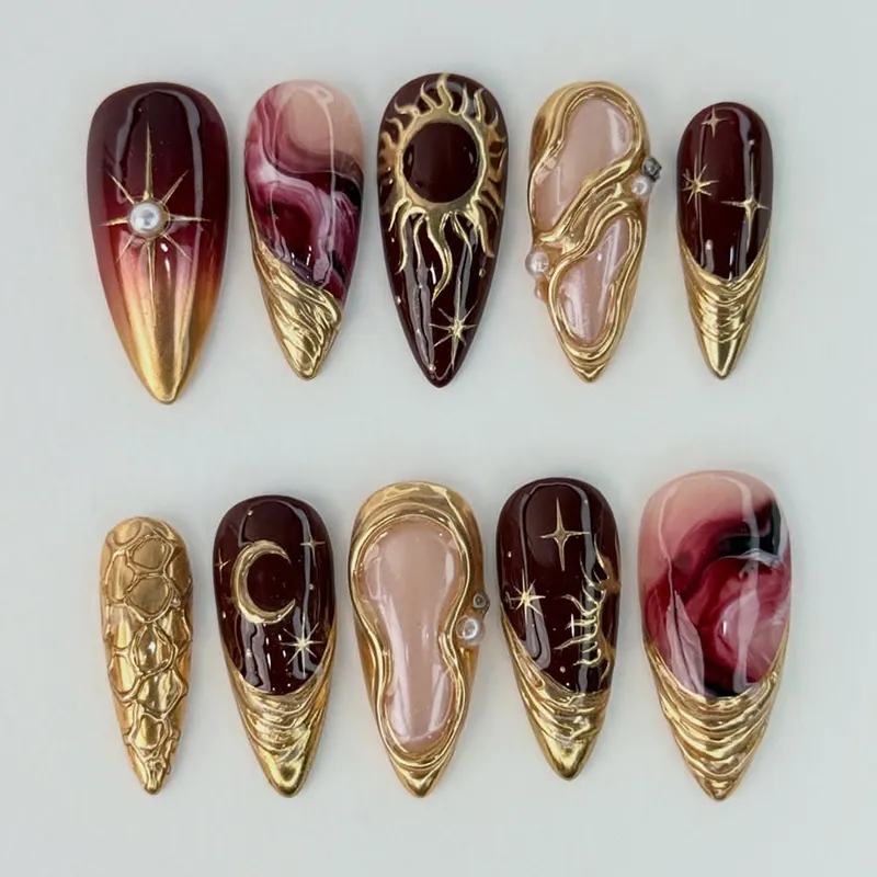 Almond Press On Nails Star Moon Celestial 3D Embossed French Leopard Marble Texture Elegant Fake Nails Artificial Pearl Decor