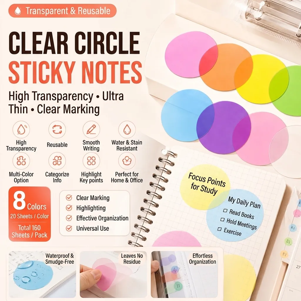 Ronde Transparante Plaknotities PET Waterdicht Lichtdoorlatend Index-Tabs Beschrijfbare Kleur Pagina Markers Voor Kantoor School