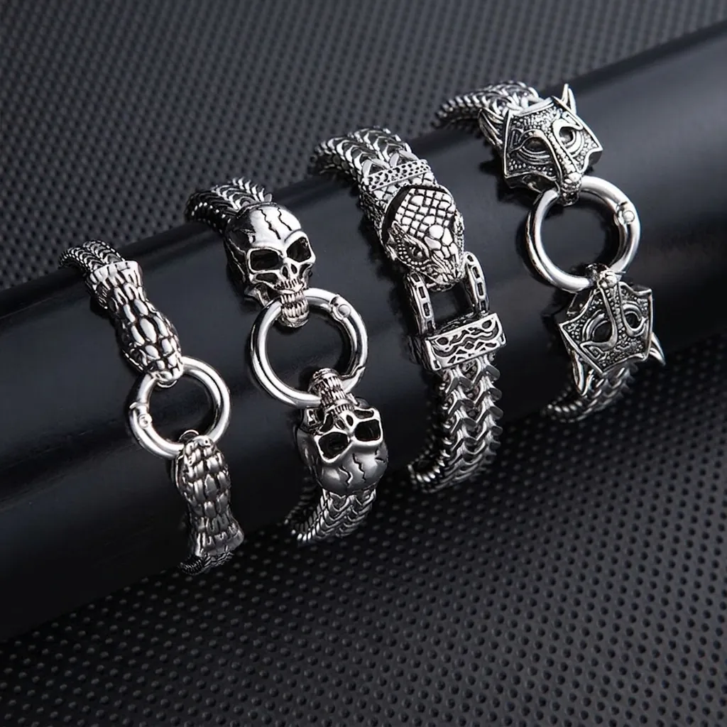 Mens Stainless Steel Bracelet Punk Gothic Mesh Chain Animal Wolf Snake Skull Head Biker Jewelry Vintage Retro Accessory