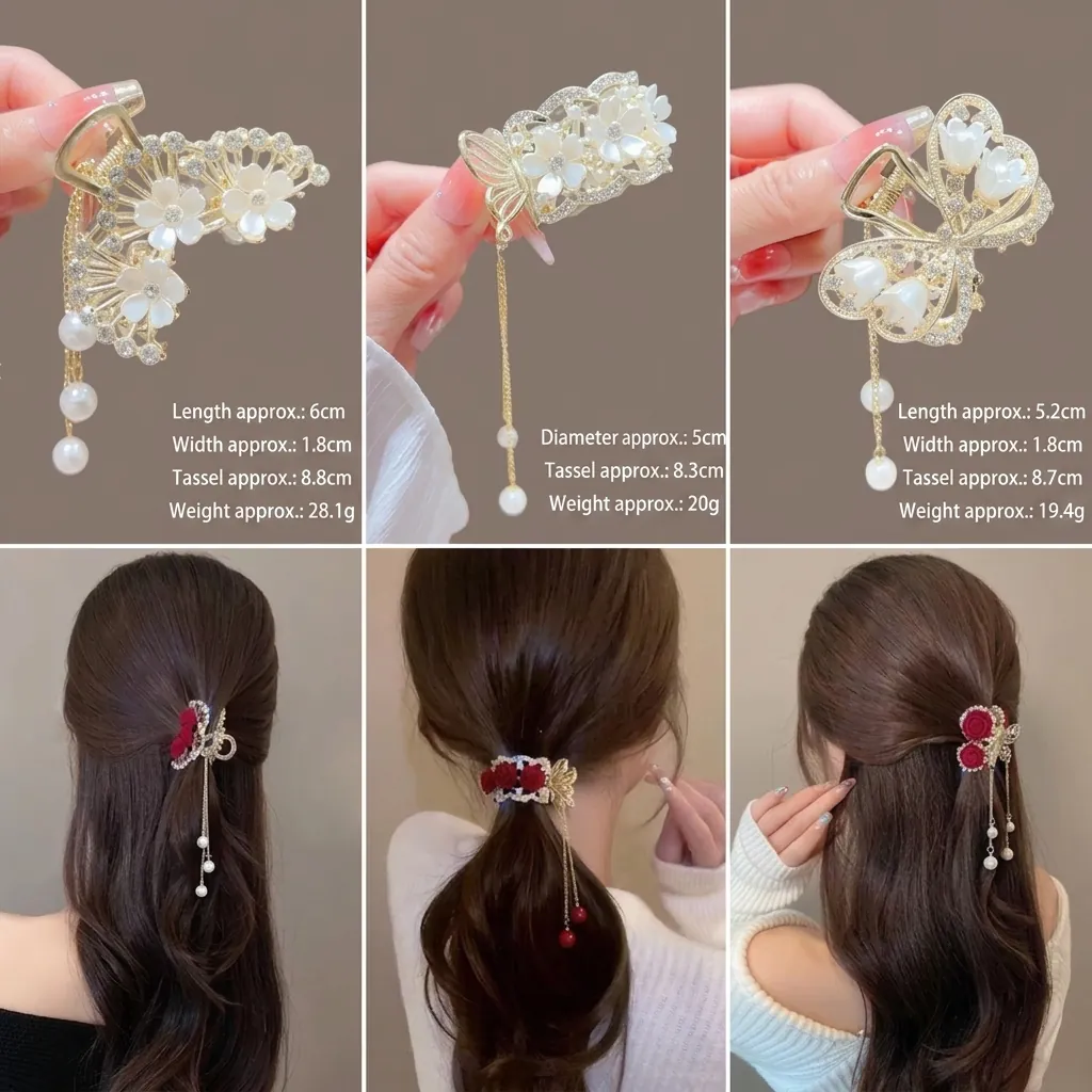 Pince À Cheveux Élégante Fleur Papillon Avec Long Gland En Künstliche Perles De Culture Alliage Strass Accessoire Cheveux