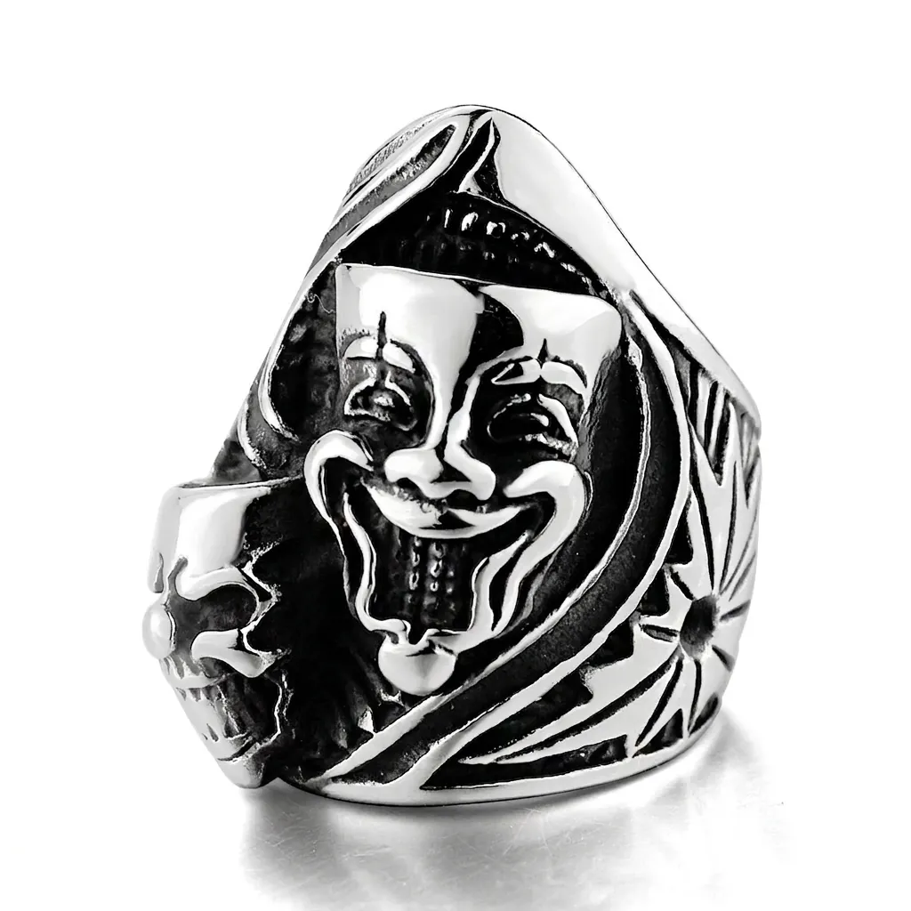 Bague Vintage en Acier Inoxydable Masque de Théâtre et Crâne pour Hommes Punk Gothique Bicolore Or Argent Gravée Biker Bijoux