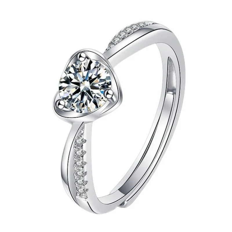 S925 Sterling Silver Heart Shaped Moissanite Ring For Women Sparkling Zirconia Adjustable Open Finger Ring Light Luxury Jewelry Wedding Gift