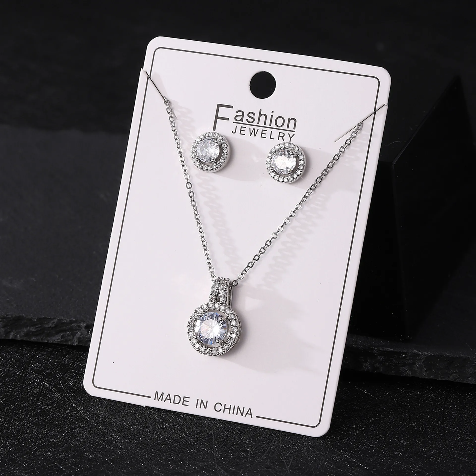Fashion Copper Round Zirconia Necklace Earrings Jewelry Collection Halo Pave Crystal Pendant Necklace Stud Earrings For Women