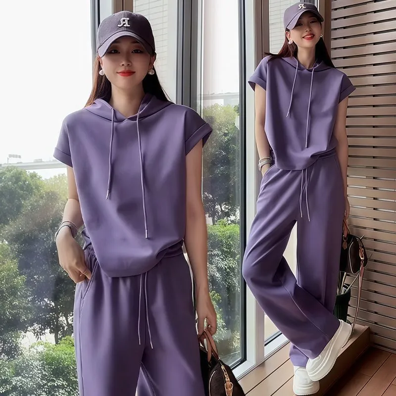 Women Casual Sporty Polyester Hoodie And Pants Top And Bottom Set Loose Solid Color Short Sleeve Wide Leg Pants Set