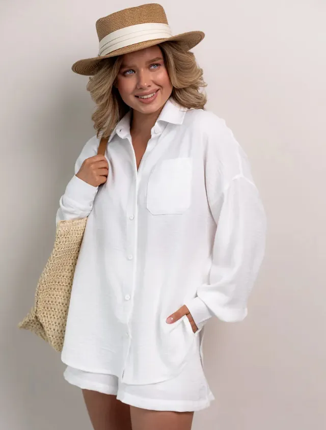 Women's French Casual Solid Color Short Sleeve Top And Bottom Set Loose Resort Cardigan Set