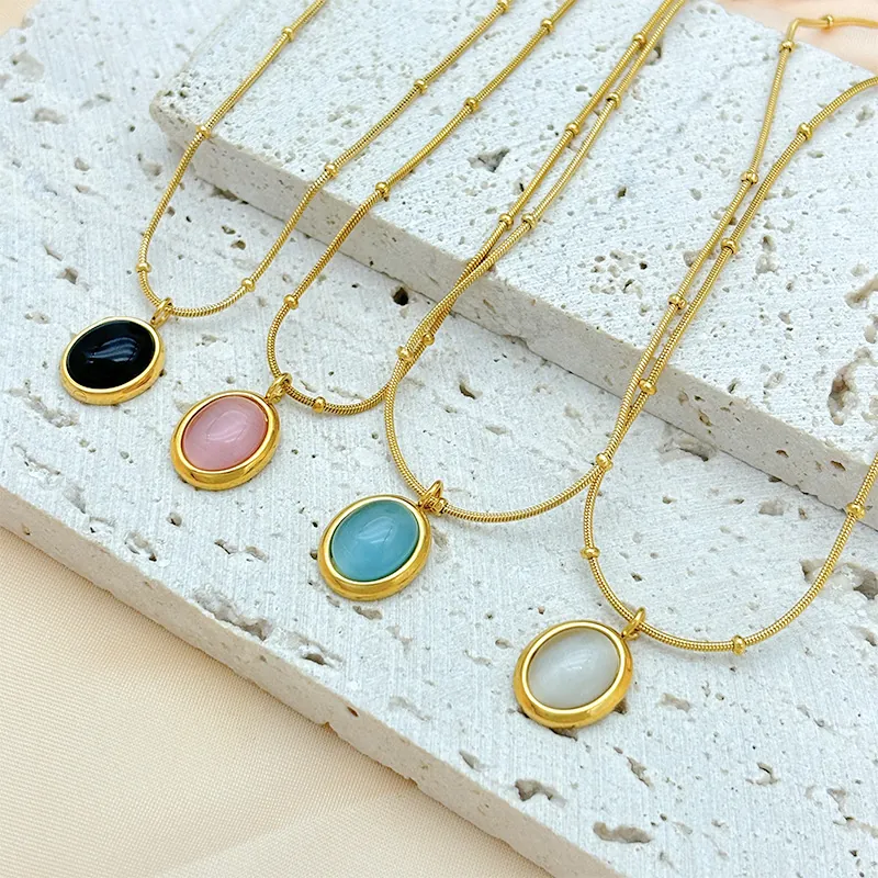 Collana Minimalista in Acciaio al Titanio con Pendente in Pietra Occhio di Gatto Catena a Lisca di Pesce Stile Coreano Gioielli Donna