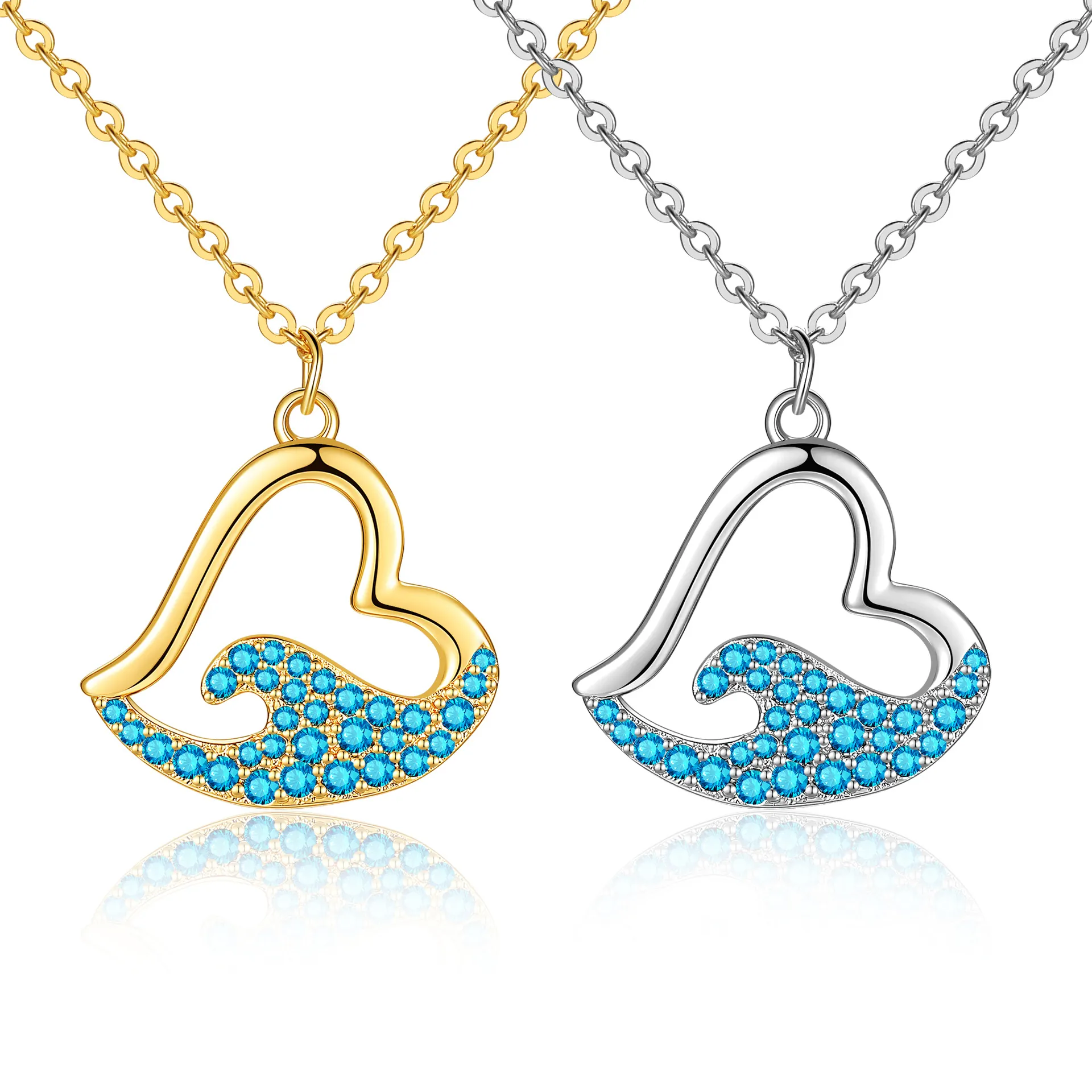 Elegant Ocean Wave Heart Pendant Necklace Copper With Blue Zircon Rhinestone Inlay For Women Girls Light Luxury Jewelry