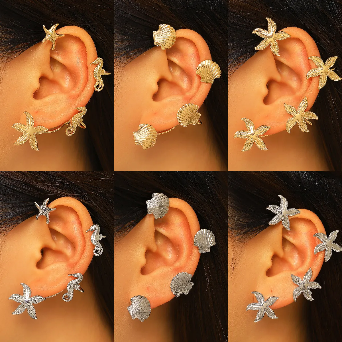 Orecchini a Cerchio da Lobo in Lega Tema Marino Stella Marina Conchiglia Ippocampo Senza Piercing Eleganti Gioielli di Moda per Donna