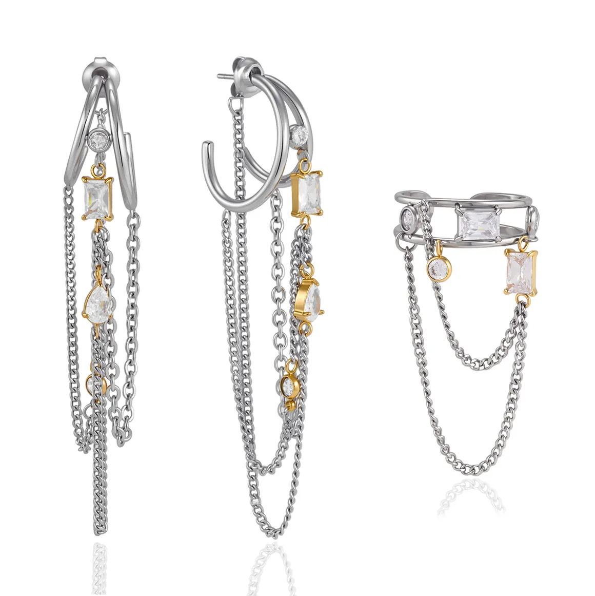 Edelstahl C-Form Quasten Ohrringe Und Offener Ring Set Für Damen Gold Silber Gemischte Farbe Zirkonia Quasten Schmuckset
