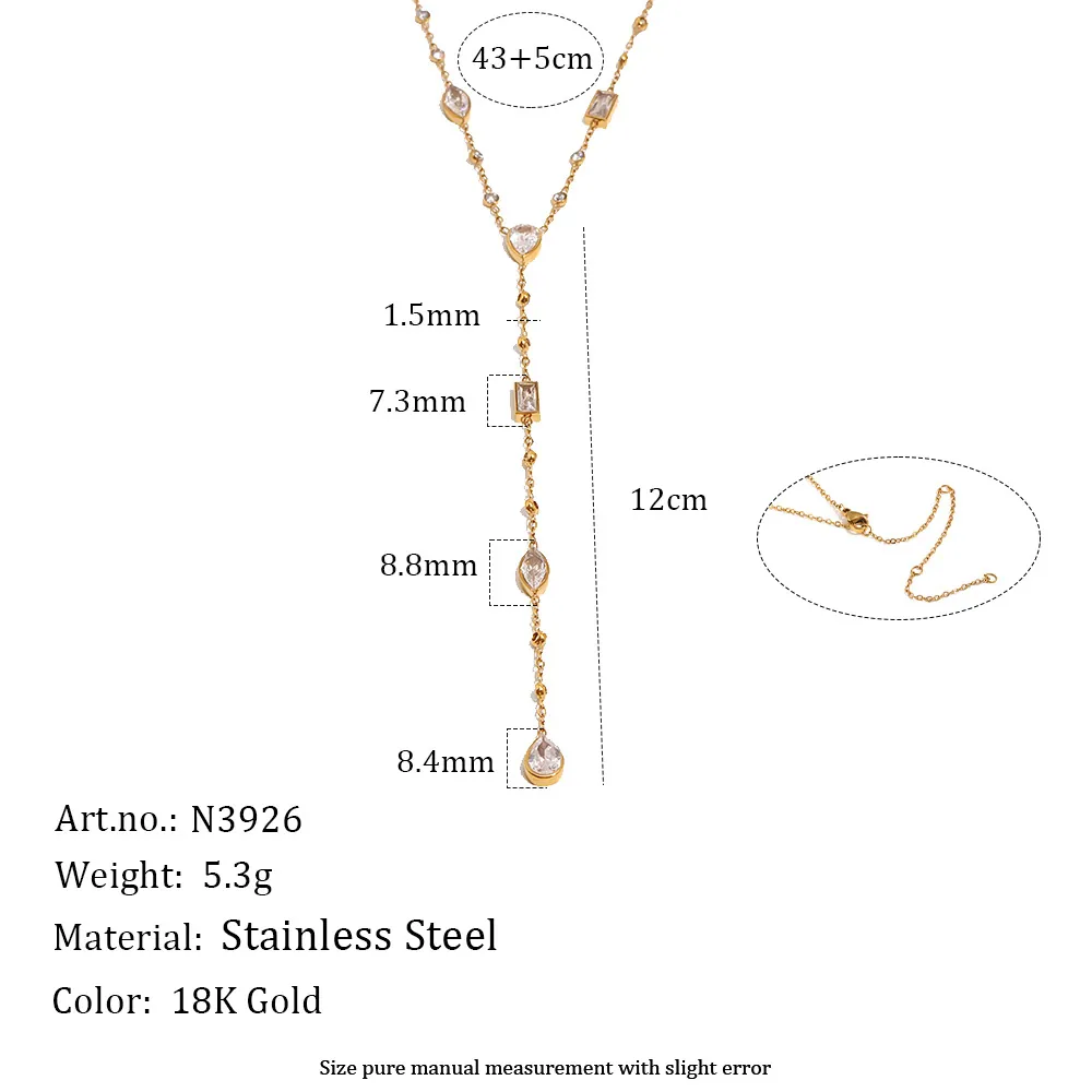 Collana con Pendente a Nappa a Forma di Y Stile Francese per Donna in Acciaio Inossidabile Placcato Oro 18K con Zirconia Geometrica