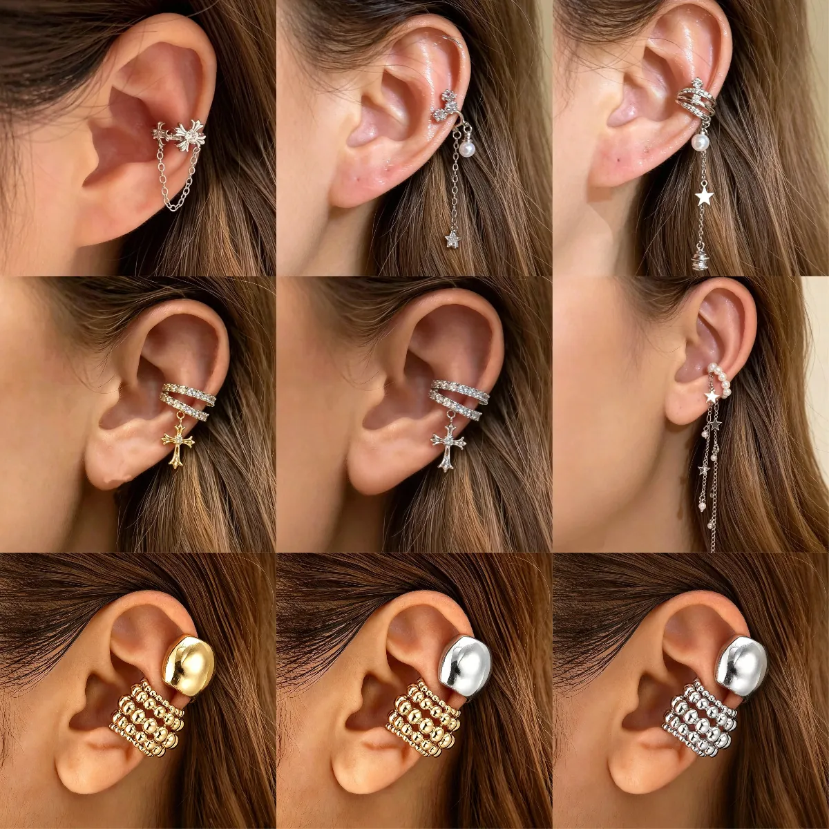 Copper Zirconia Cross Non Pierced Ear Cuff For Women Light Luxury Gothic Star Tassel Clip On Earrings Fashion Jewelry Gift