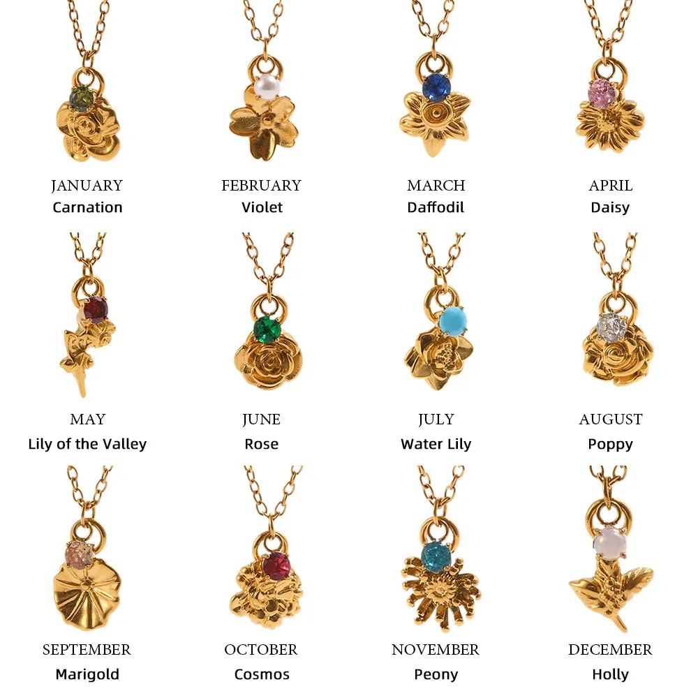 Collar de Pendiente de Flor de Nacimiento de 12 Meses de Acero Inoxidable Chapado en Oro de 18K Joyas Florales con Strass