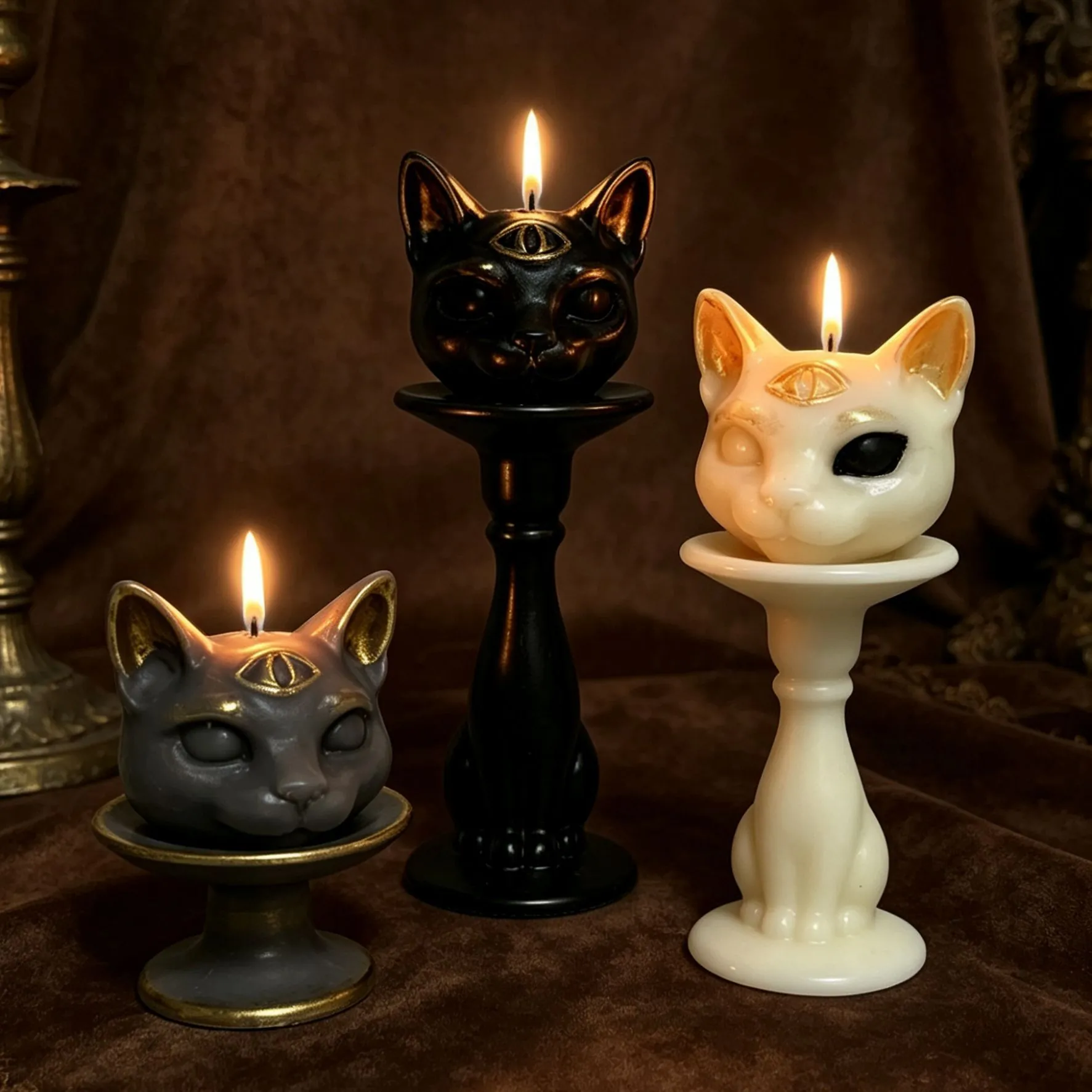 Gothic Tri Eyed Sphynx Cat Head Scented Candle Handmade Soy Beeswax Dark Halloween Home Decor Novelty Ornament