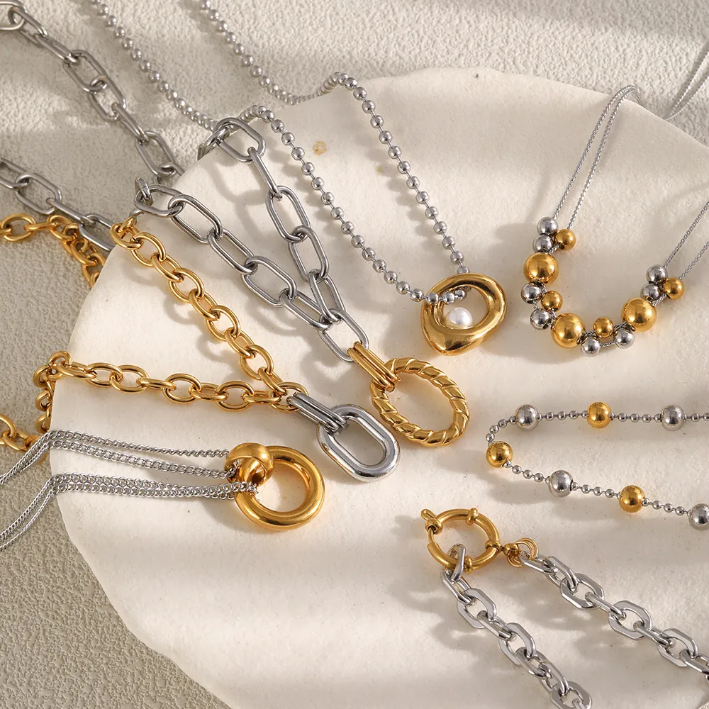 Collier Bicolore en Acier Inoxydable pour Femmes Plqué Or 18K Chaîne Géométrique Collier Bijoux Minimalistes en Perles Artificielles