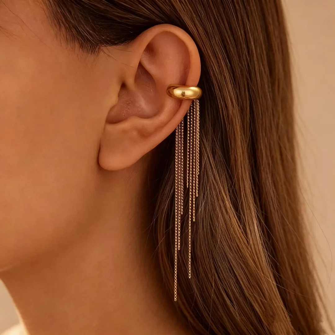 Stainless Steel Tassel Ear Cuff No Piercing Ear Bone Clip Geometric C-Shape Long Chain Dangle Earrings For Women Jewelry