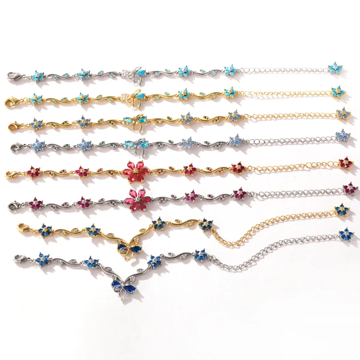 Élégant Bracelet Nœud Branche Feuillage en Zirconia Cuivre Placage Or Véritable Fleur Incrustée Bracelet à Maillons Réglable Bijoux Femme Cadeau