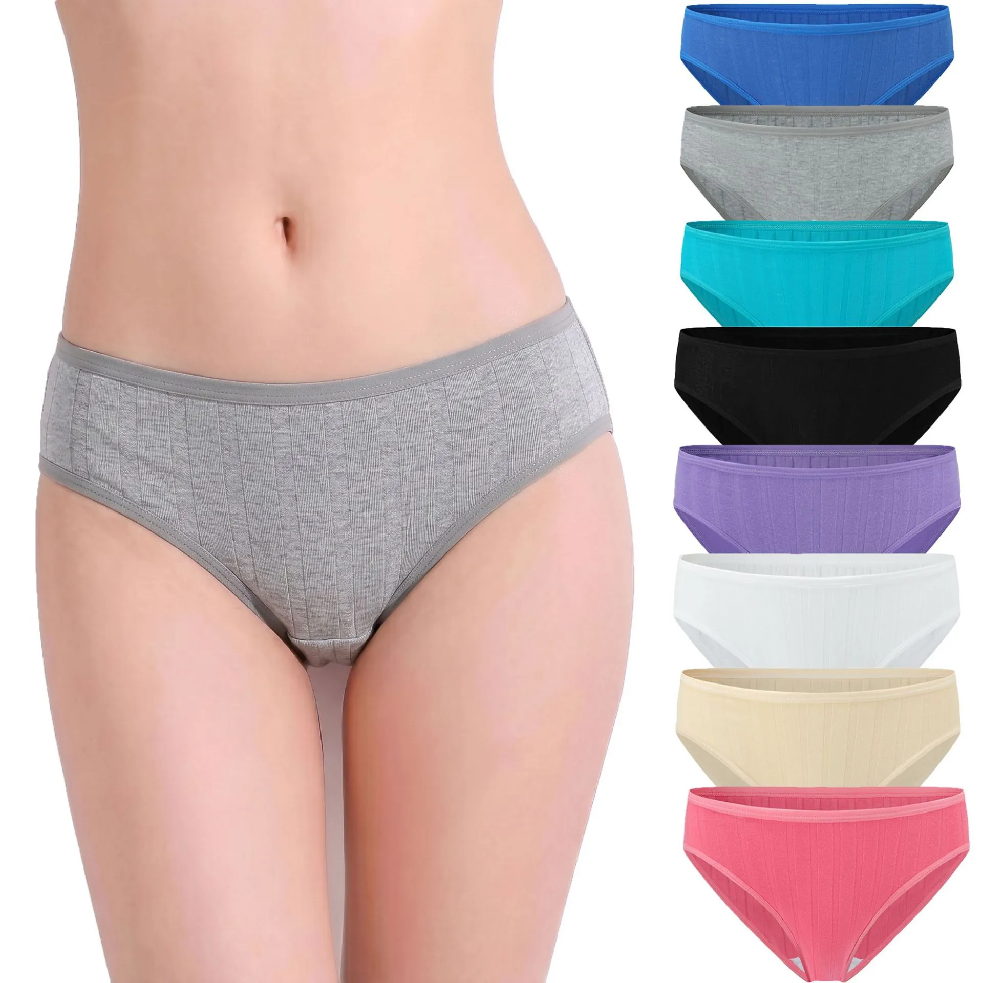 Women Ribbed Cotton Panties Low Rise Breathable Solid Color Basic Comfort Briefs Double Layer Crotch