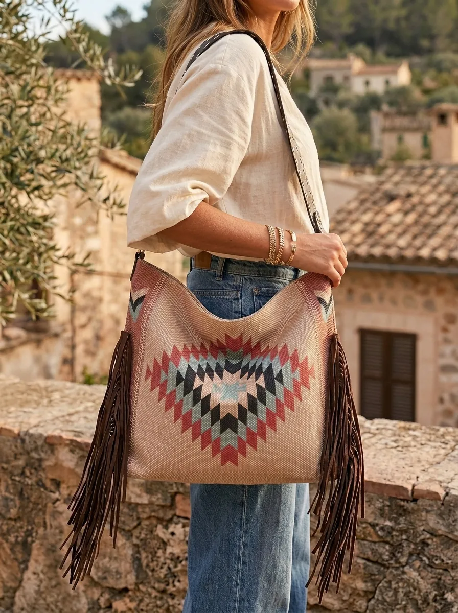 Bohemian Woven Shoulder Bag Women Ethnic Geometric Pattern Large Hobo Tote With Long Tassels Fringe PU Leather Strap