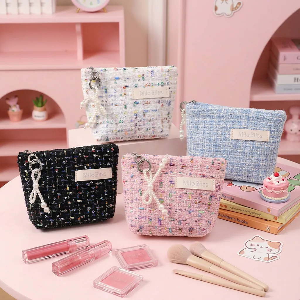 Tweed Coin Purse Mini Makeup Bag With Artificial Pearl Charm Sequin Elegant Portable Storage For Lipstick Women