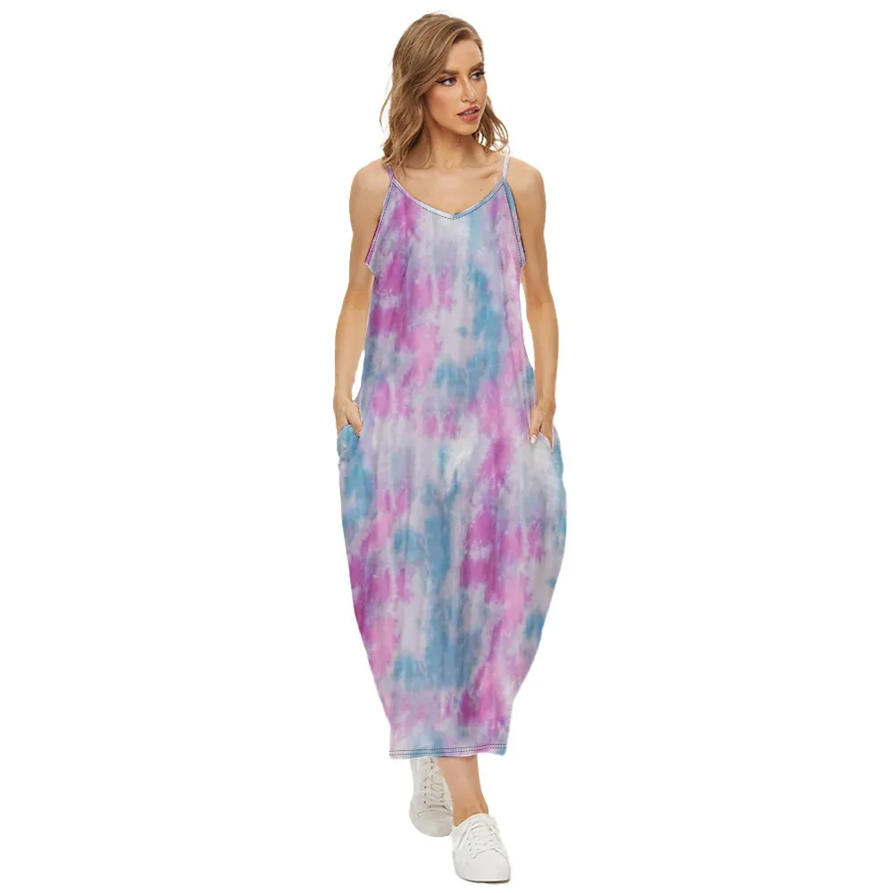 Women's Casual V-Neck Strappy Maxi Dress 3D Printed Loose Bohemian Sun Dress With Pockets Summer Vacation Beachwear