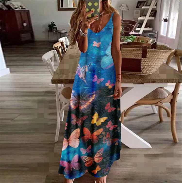 Women Casual Sleeveless V-Neck Butterfly Print Maxi Dress Summer Spaghetti Strap Beach Vacation Boho Long Dress Polyester A-Line Sundress