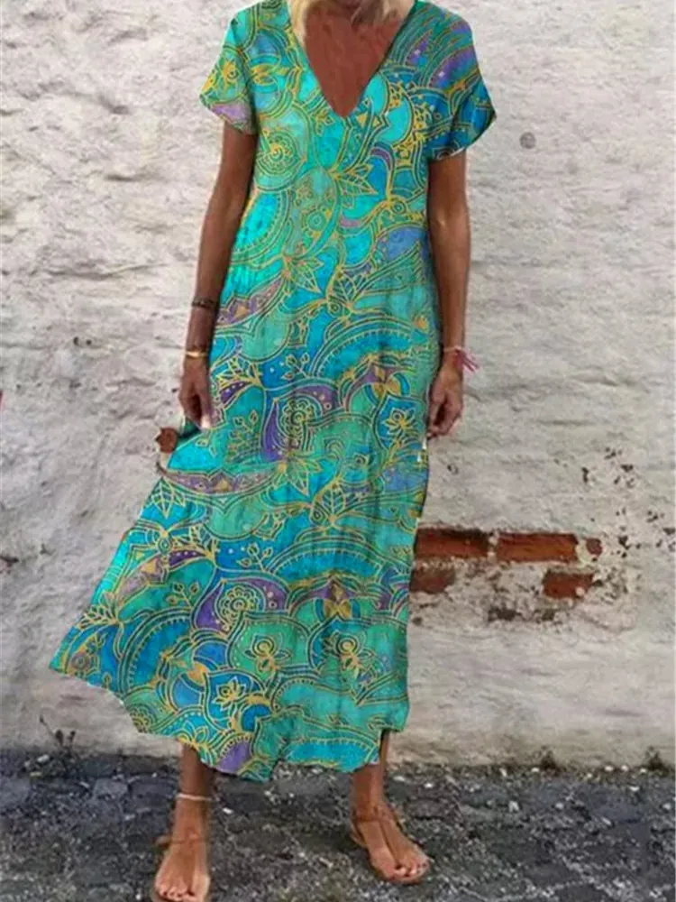 Women Bohemian V-Neck Short Sleeve Paisley Print Midi Dress Casual Summer Vacation Slim A-Line Long Dress For Women