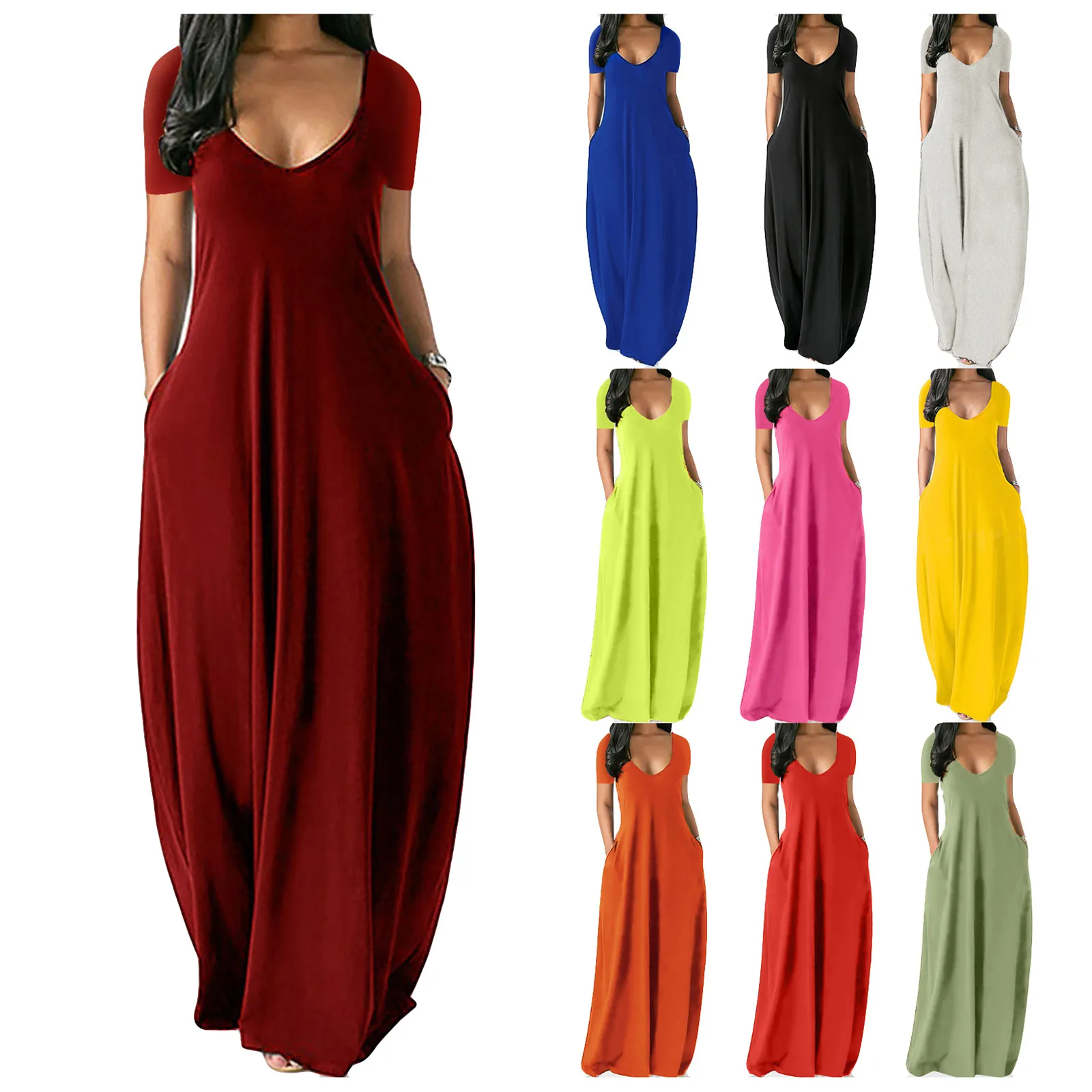 Women's Plus Size Sexy Deep V Neck Short Sleeve Maxi Dress With Pockets Casual Loose Solid Color A-Line Long Dress For Summer