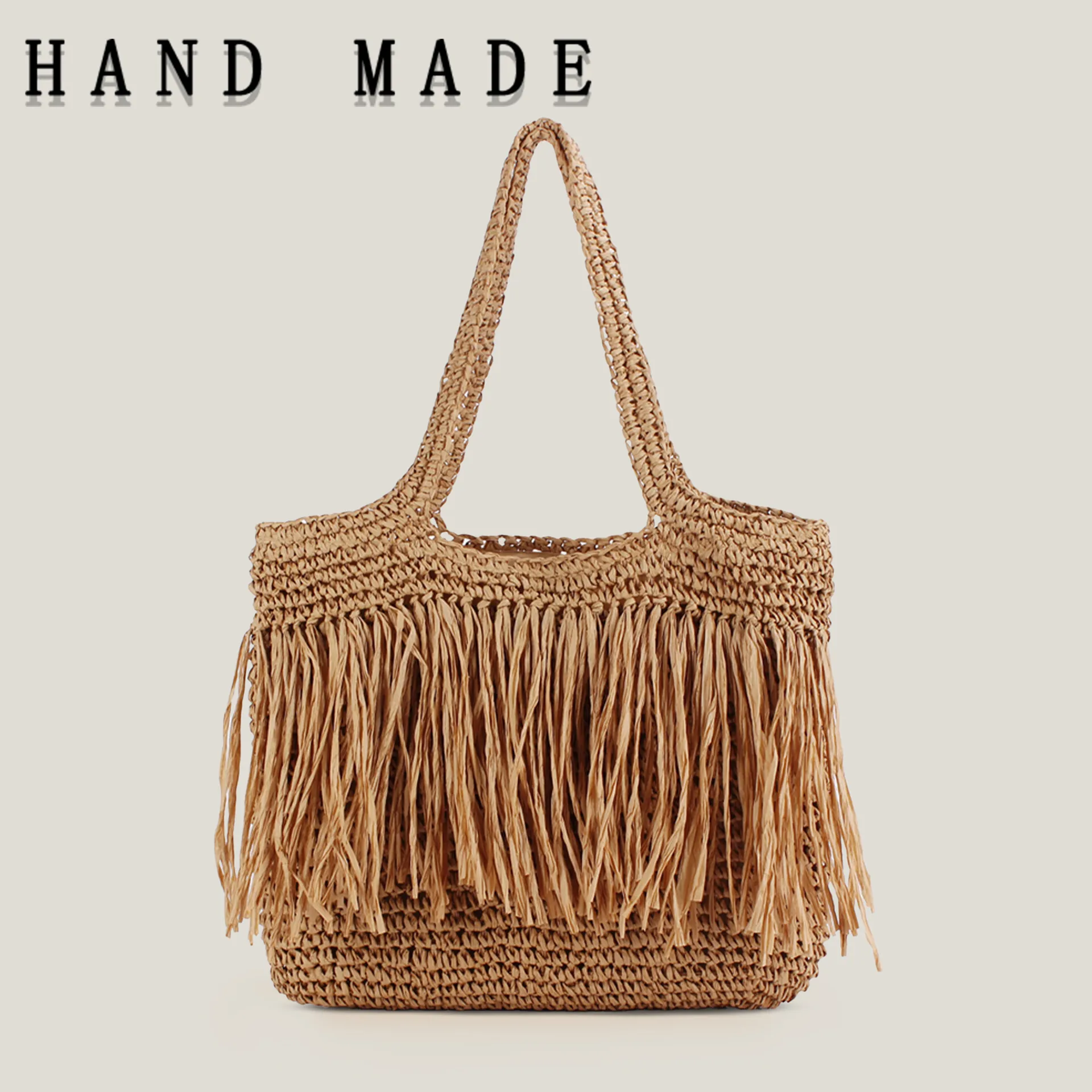 Bolso de Hombro de Papel Tejido a Mano con Borlas Bohemio Gran Capacidad Bolso de Playa para Mujer Bolso Estilo Paja Verano