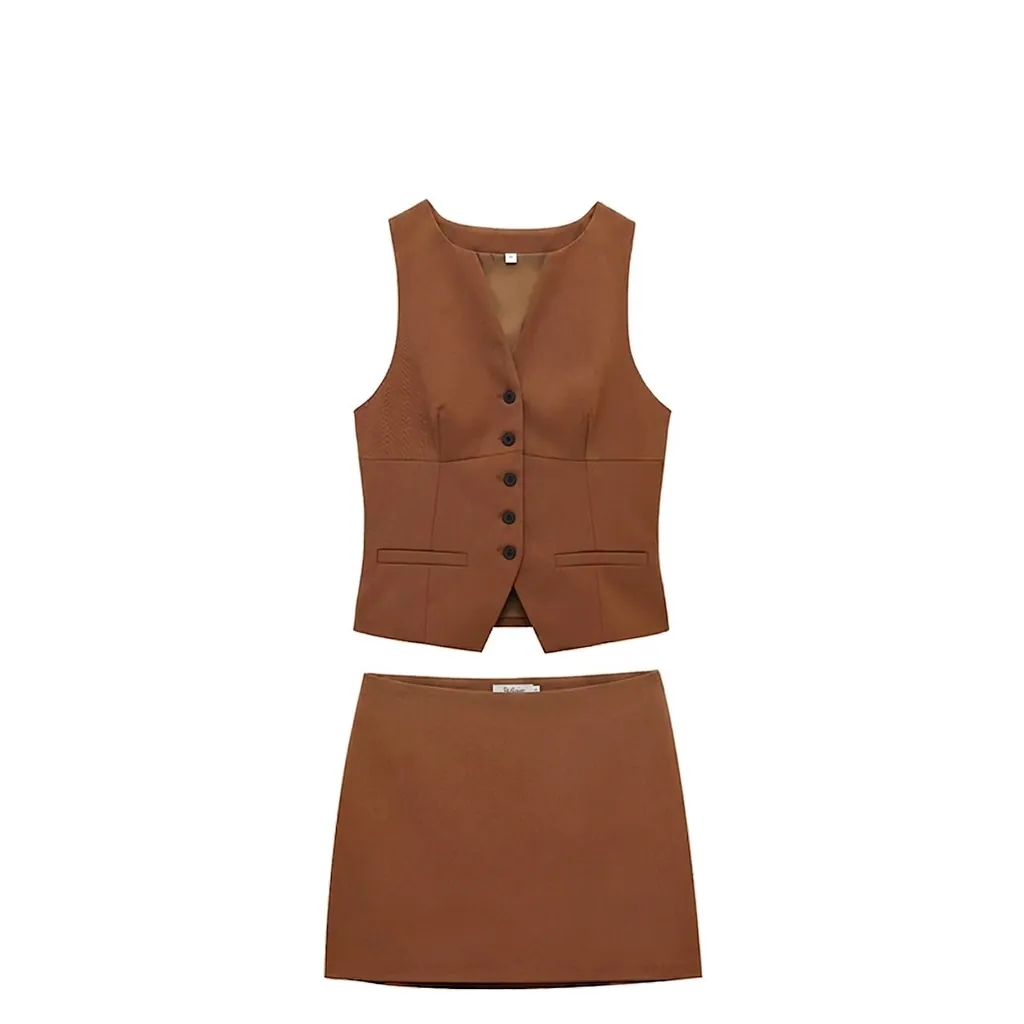 Ensemble Haut Gilet à Col en V et Mini Jupe Trapèze Taille Haute pour Femmes Design de Niche Française Coton