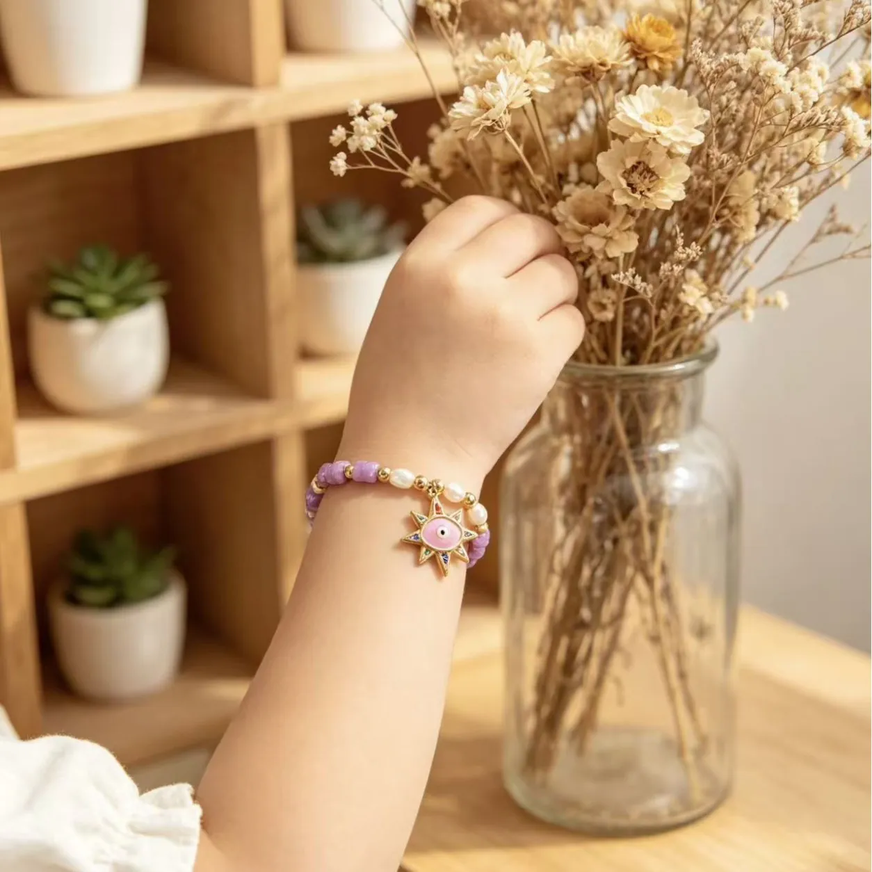 Evil Eye Beaded Bracelet 18K Gold Plated Purple Stone Artificial Pearl Sun Pendant Adjustable Kids Jewelry Gift