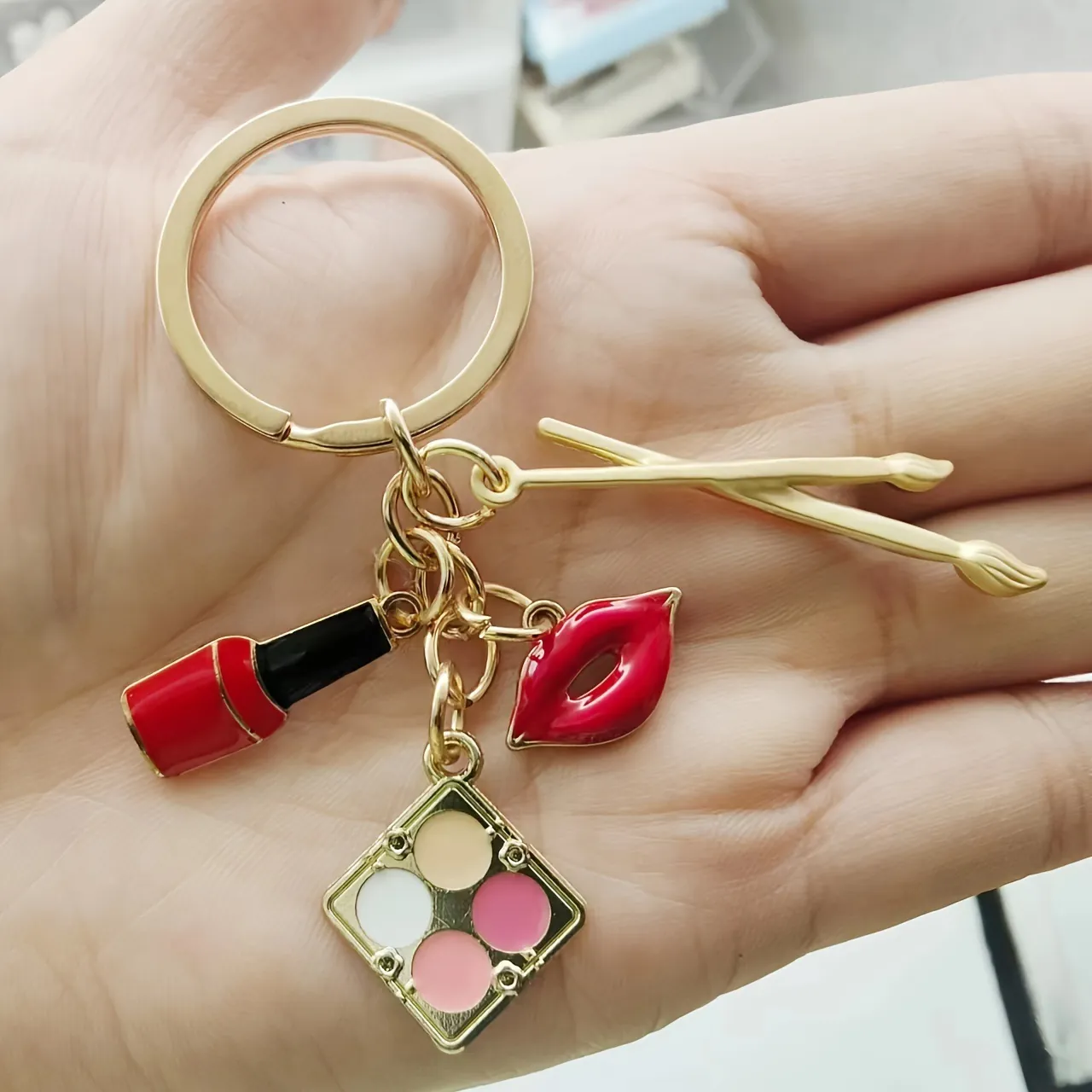 Fashion Alloy Drip Oil Makeup Keychain Gold Red Lipstick Lip Eyeshadow Box Cosmetic Brush Bag Pendant Charm For Women