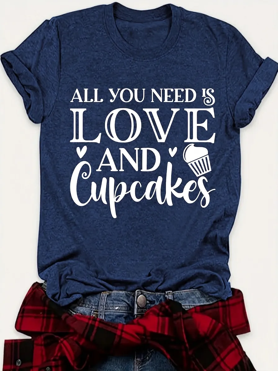Women's Casual Colored Cotton T-Shirt Love Cupcake Graphic Letter Print Round Neck Short Sleeve Top Summer Fashion Streetwear