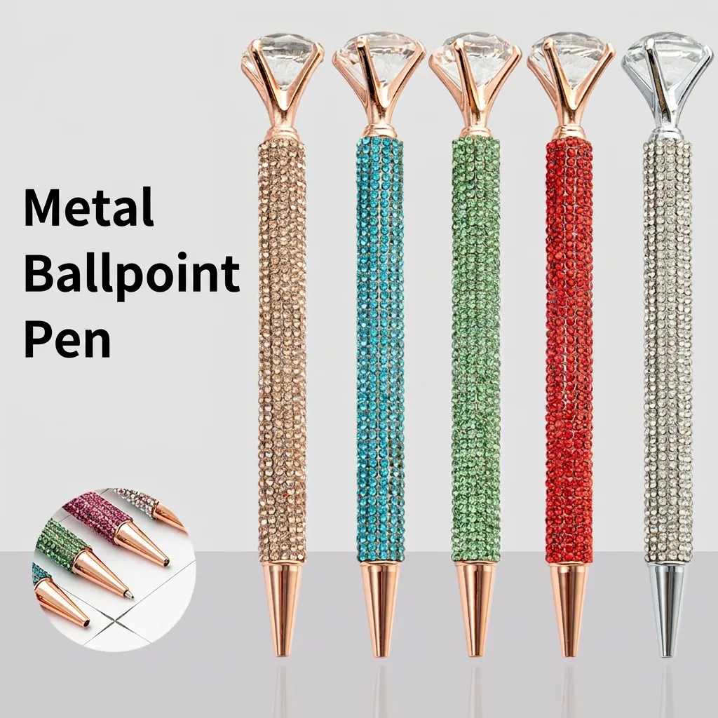 Stylo à Bille de Luxe en Métal Avec Grand Diamant en Cristal Corps Incrusté de Strass Design à Rotation Cadeau Femme Bureau