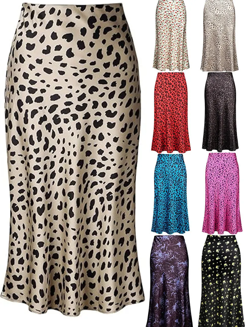 Elegant High Waisted Fishtail Skirt Satin Leopard Print Floral Midi Skirt Slim Fit Mermaid Skirts For Women Party Wear