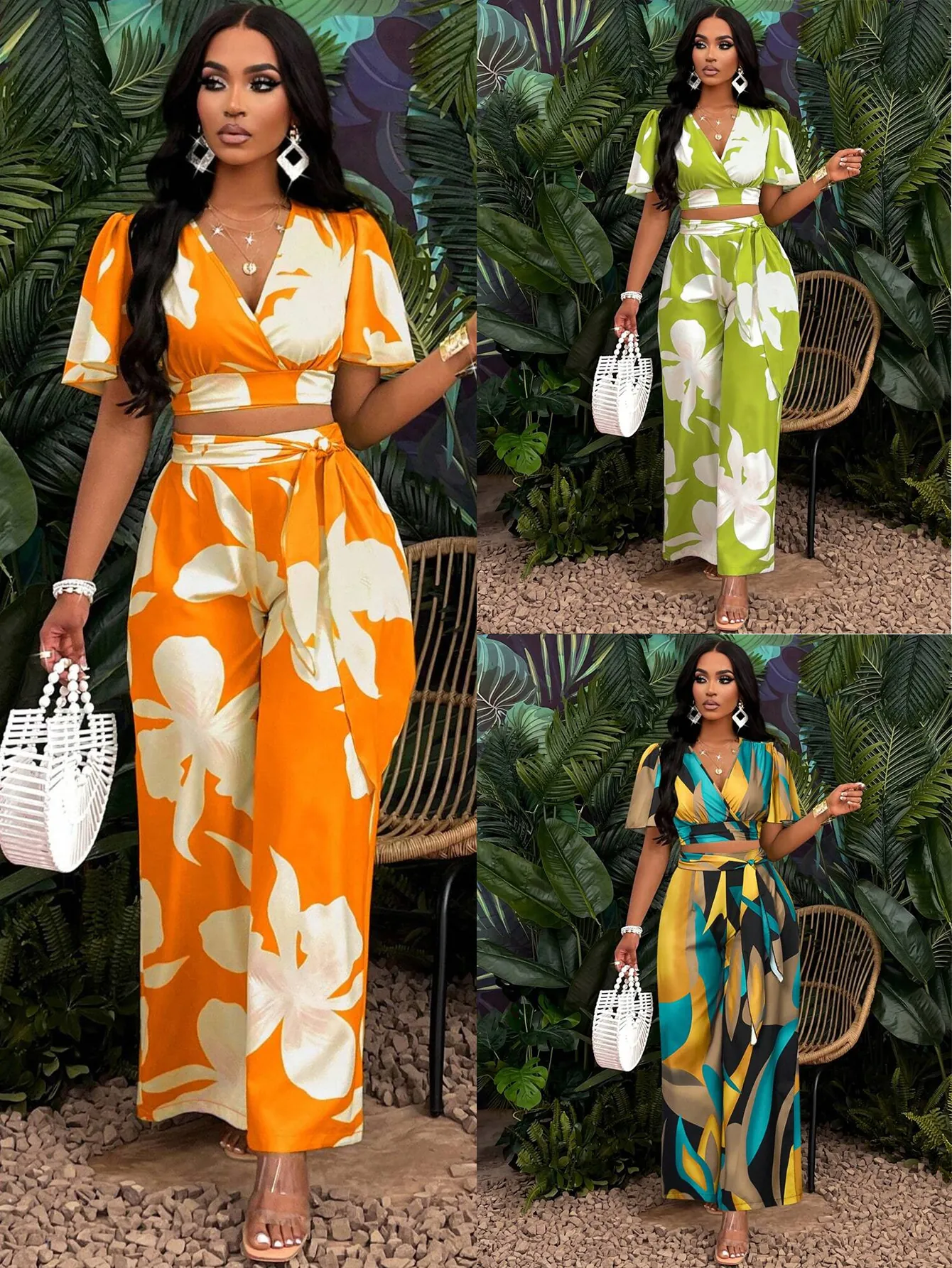 Women Tropical Print Top And Bottom V-Neck Ruffle Butterfly Sleeve Crop Shirt High Waist Tie Wide Leg Pants Summer Vacation Outfits