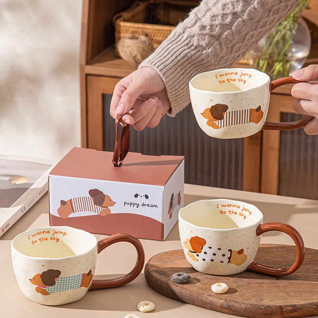 Creative Cartoon Dog Ceramic Mug With Irregular Rim Brown Handle Heat Resistant Microwave Safe Coffee Milk Mug Home Office Cup