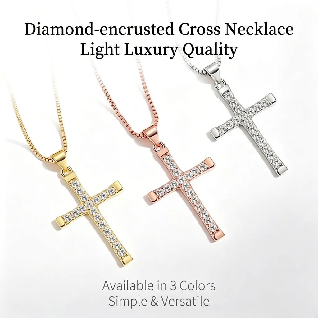Cross Pendant Necklace Copper Pave Rhinestone Religious Jewelry Box Chain Hip Hop Streetwear Style Unisex