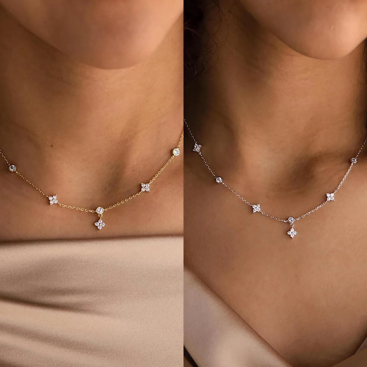 Set di Gioielli con Collana e Bracciale in Rame con Pendente a Quadrifoglio in Zirconia per Donna Moda Stile Naturale Minimalista