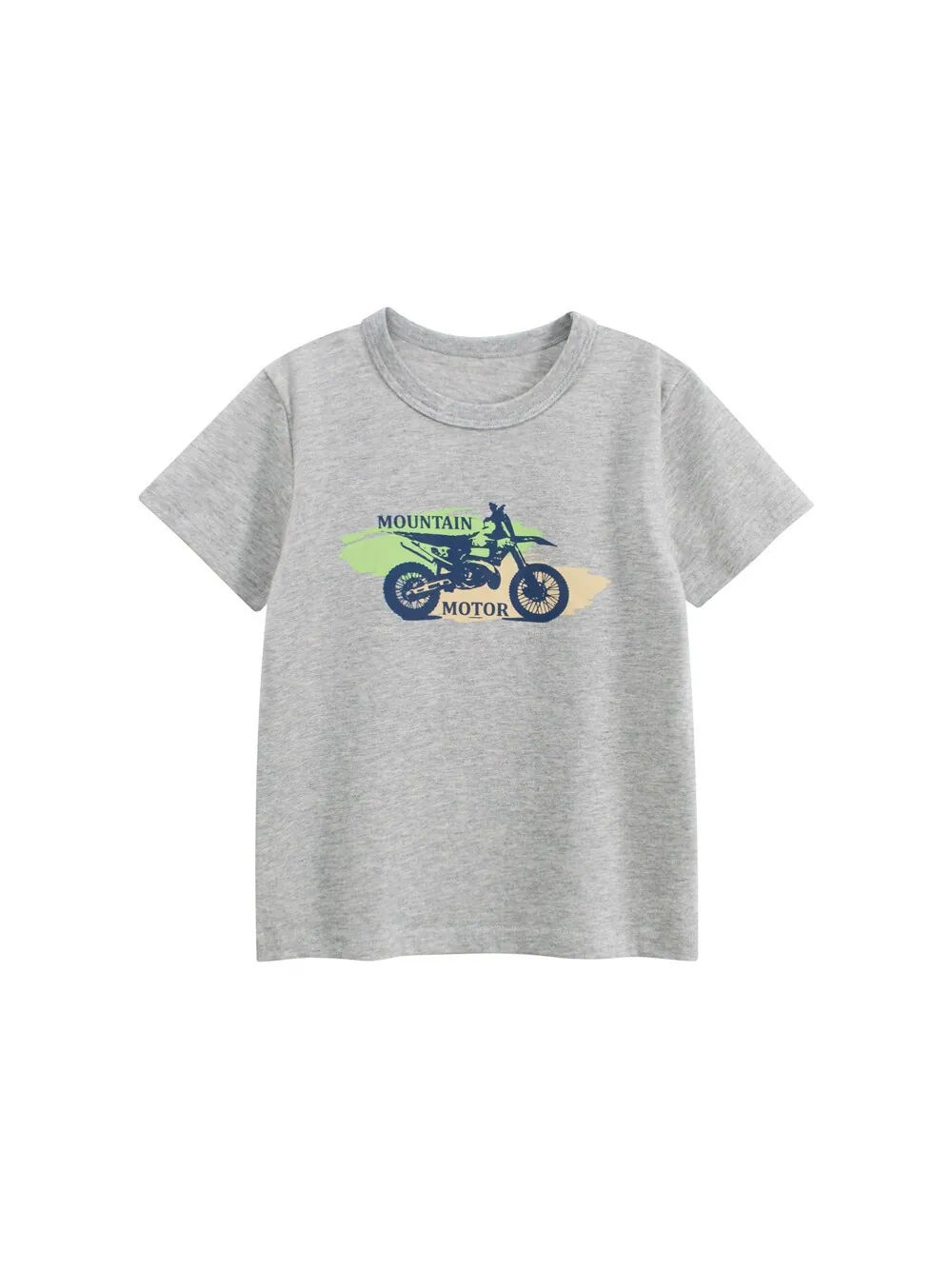 Boys Summer Short Sleeve Cotton T-Shirt Casual Korean Style Heather Grey Top With Mountain Motorcycle Graphic Print