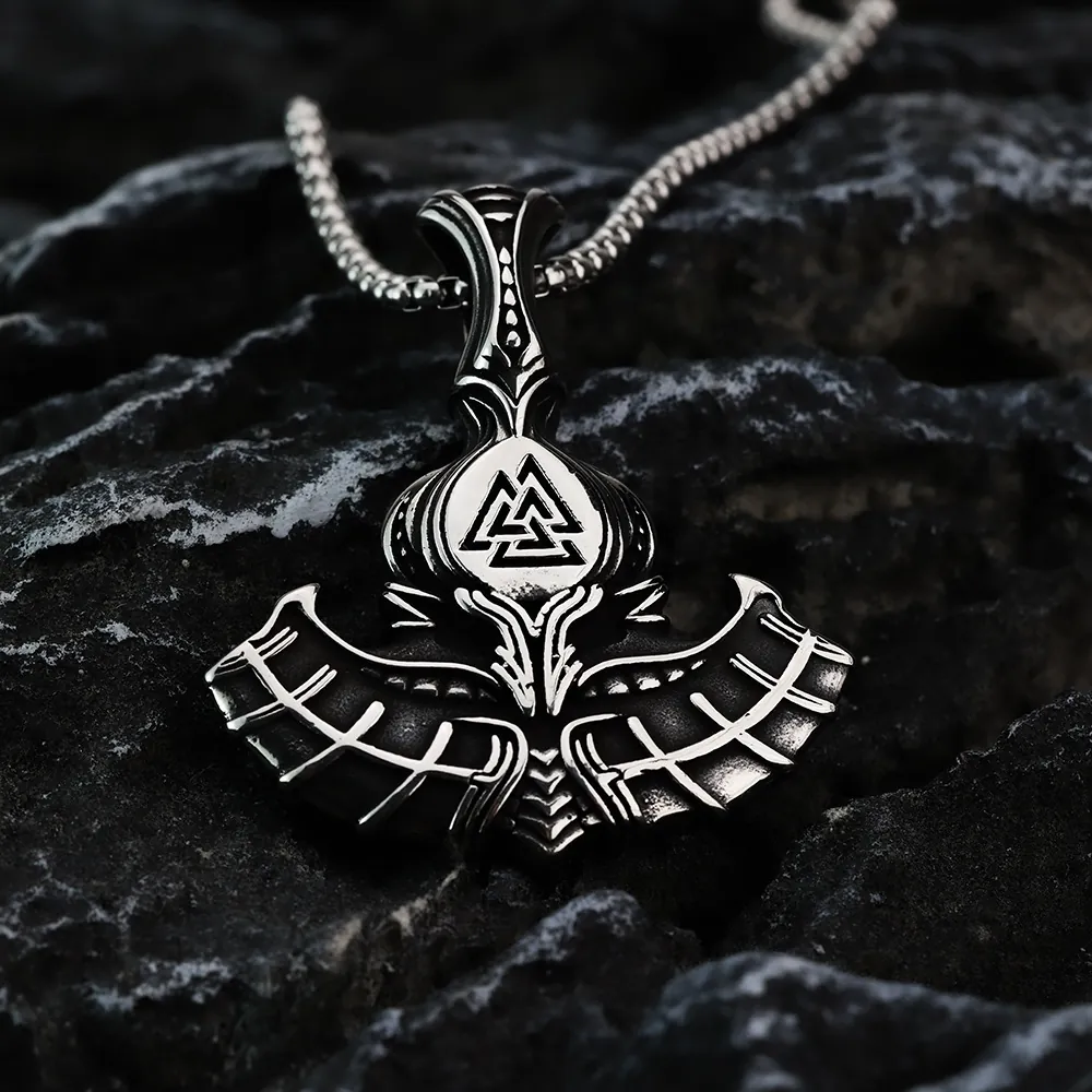 Vintage Viking Thor Hammer Mjolnir Pendant Necklace Titanium Steel Valknut Symbol Retro Distressed Hiphop Jewelry For Men