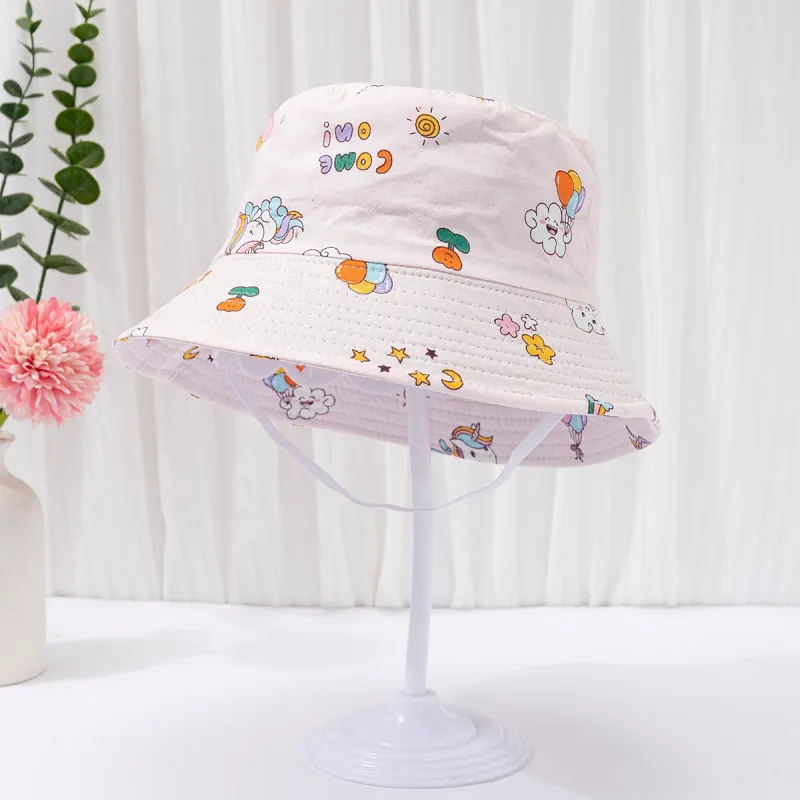 Toddler Baby Sun Hat Cotton Printed Unicorn Rainbow Bucket Hat For Boys Girls Windproof Summer Outdoor Fisherman Cap