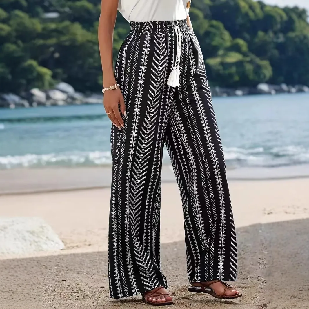 Pantaloni Casual da Donna a Gamba Larga con Stampa Geometrica Vita Alta Elasticizzati con Coulisse e Nappine Pantaloni da Spiaggia