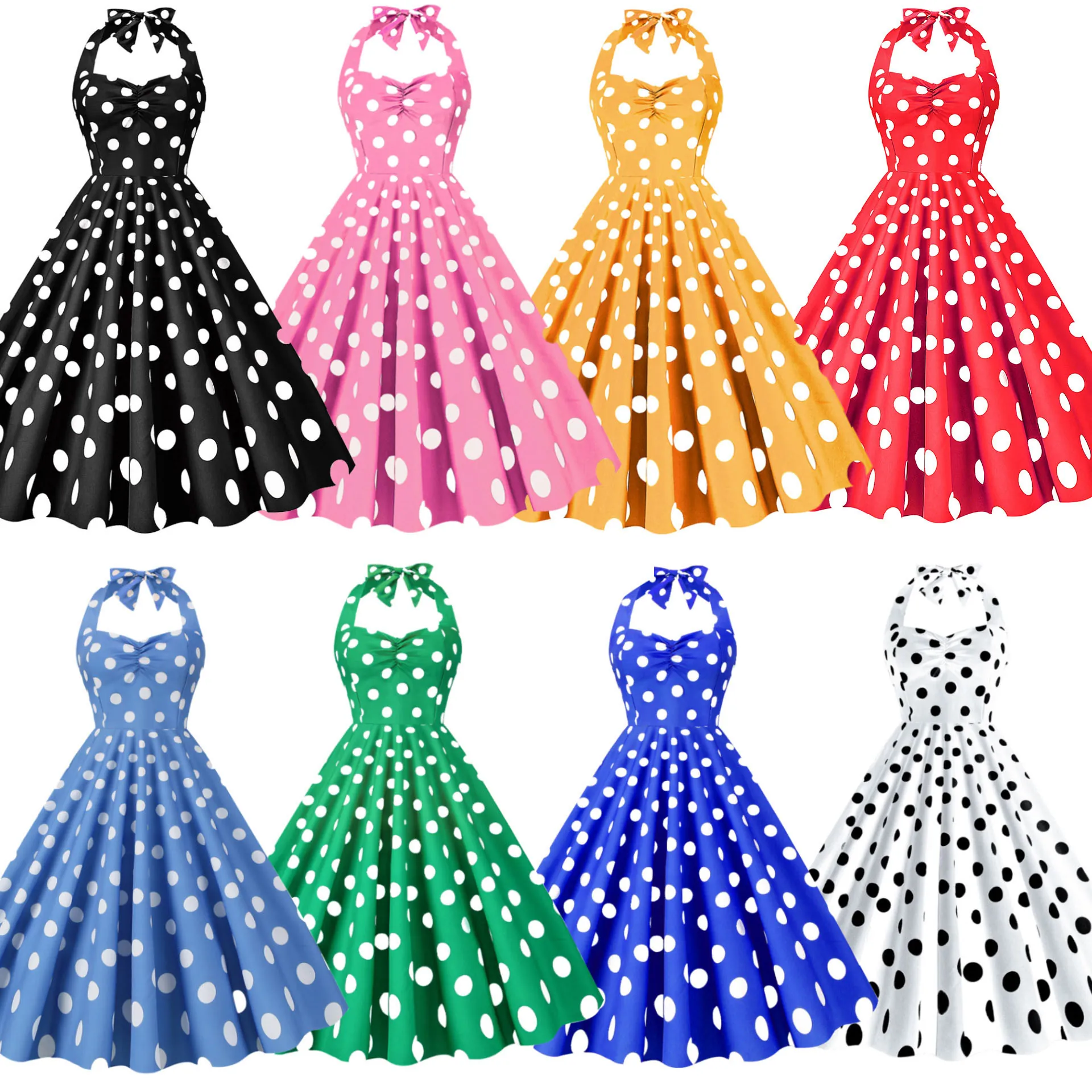 Abito Midi Vintage a Pois con Scollo all'Americana Stile Rockabilly Audrey Hepburn Anni 50 a Trapezio per Feste Ballo Donna Abbigliamento Retro
