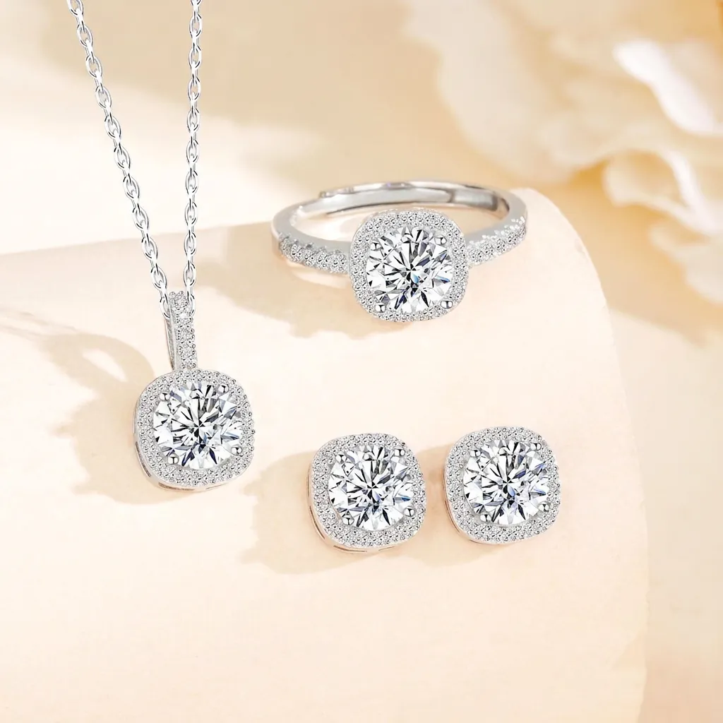 S925 Sterling Silver Moissanite Jewelry Set Square Halo Moissanite Ring Necklace Earrings For Women Fashion Jewelry Wedding Gift